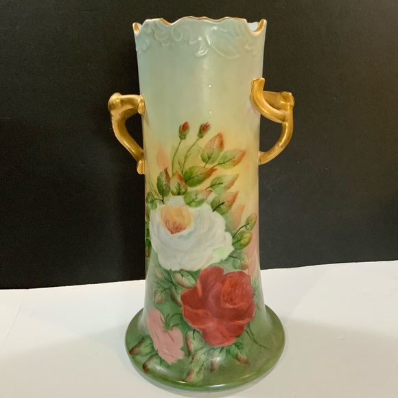 Large Vase Porcelain Roses Gold tone Trim Signed 12 inches Tall Vintage